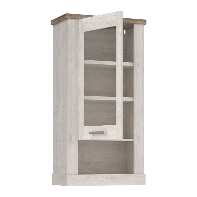 Modern Farmhouse Style Wall Hanging Shelf, 1 Glass Door, Engineered Wood, White Pine/Light Oak Decor, 71.2 cm W x 136.5 cm H x 24.4 cm D