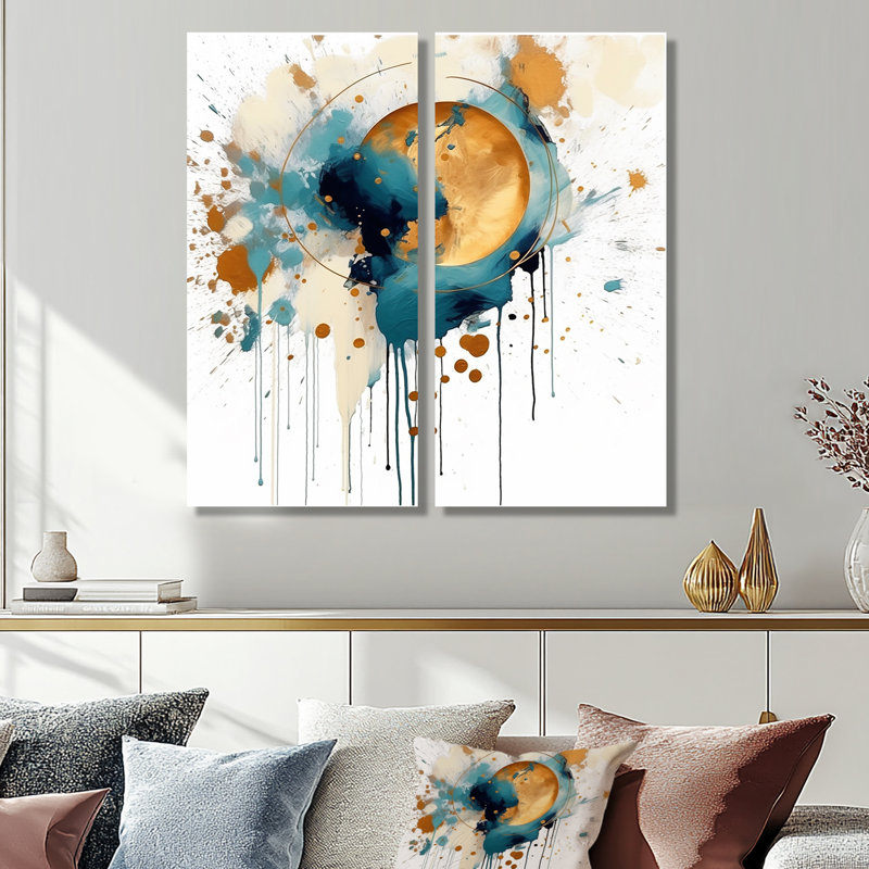 Teal Adn Gold Elegance I - Art mural bleu sarcelle 2 panneaux, H 40 po x l 40 po, Toile tendue, Does Not Apply
