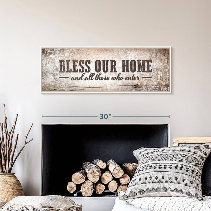 Plaque murale «Bless Our Home», Cadre flottant blanc, 31 po x 11 po