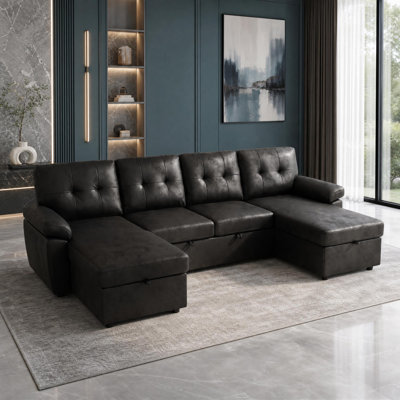 L Shaped Pullout Sofa Bed with Pillow Top Arms and Storage