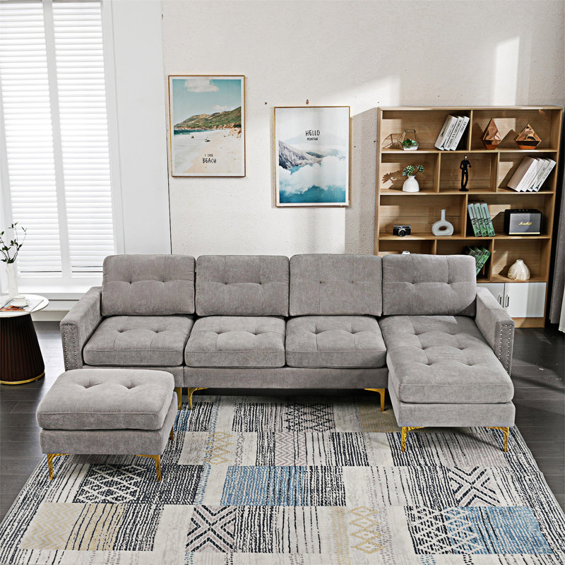 Canapé-lit modulaire convertible avec repose-pieds mobile, Velours gris clair