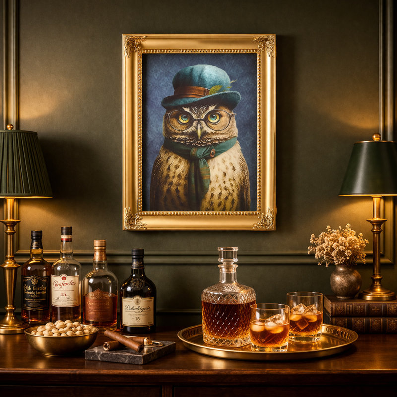 Chouette au chapeau et à lunettes, art mural encadré or rétro - Gentlemen's Bar
