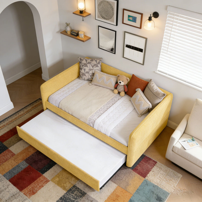 Boucle Fabric Daybed, Yellow-Trundle, Full