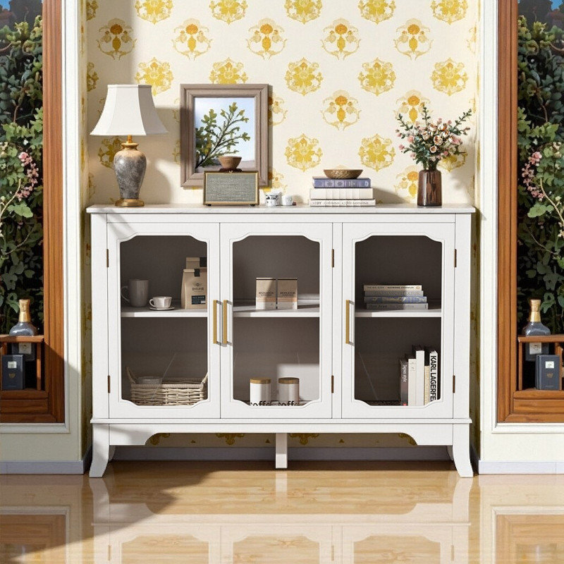 Solid Pine Wood Entryway Storage Buffet Cabinet With Glass Doors, 3 Doors Adjustable Shelves, White