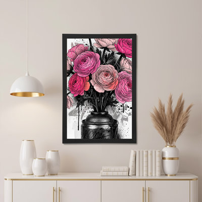 Art floral sur toile en forme de pot de fleurs roses et renoncules roses