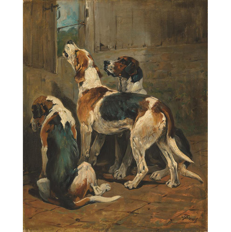 "Foxhound at a Kennel Door" par John Emms - Art mural sur toile tendue avec châssis, H 24 po x l 17 po