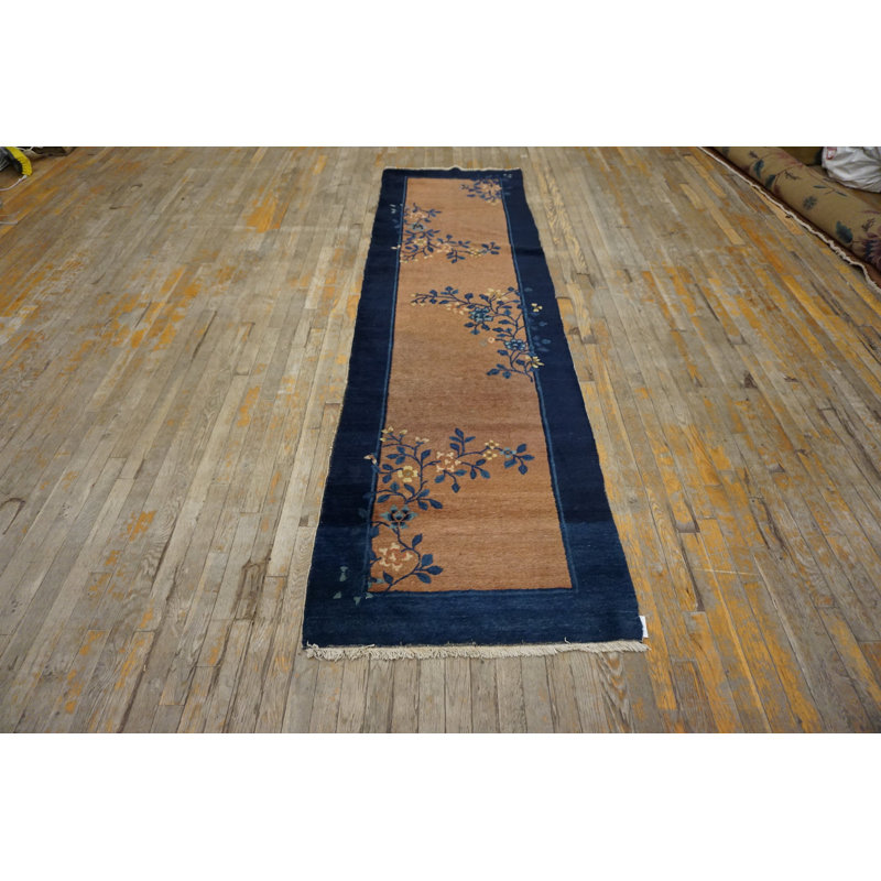 Earthy Brown Antique Chinese Long Wool Pile Floral Hallway Runner Peking Rug