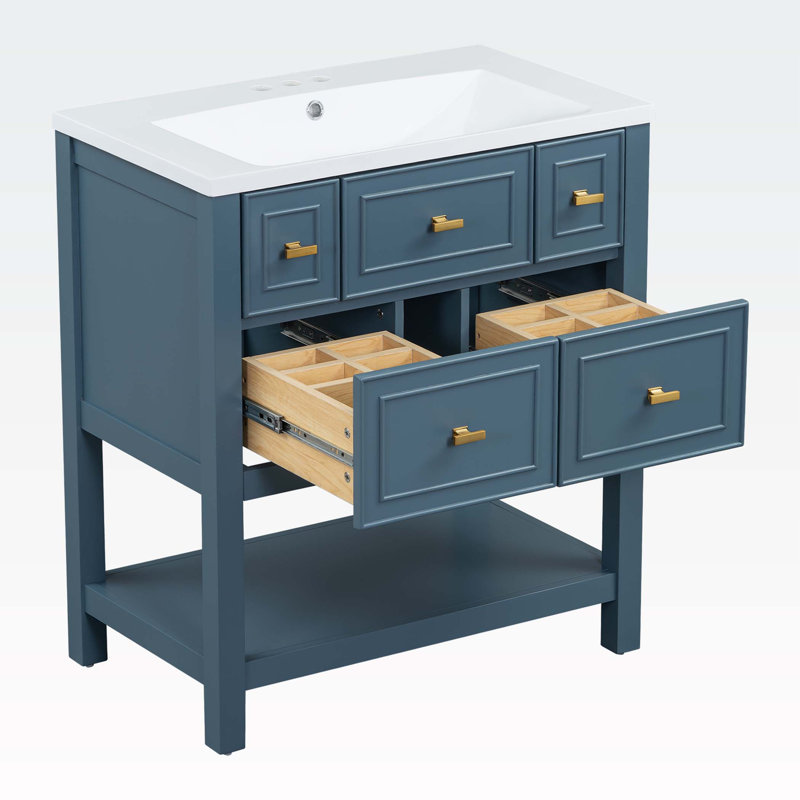 Armoire de salle de bain autoportante en bois et résine Sylvianne, Bleu