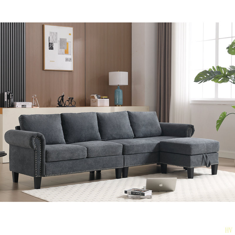 Canapé modulaire convertible avec rangement, canapé en L, canapé quatre places, canapé modulaire en tissu de lin moderne pour le salon