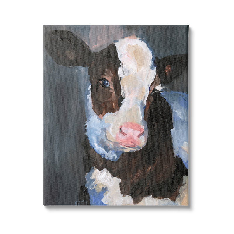 Smiley posant une vache dans une ferme de bovins, peinture d'animaux, H 16 po x l 20 po, Toile tendue