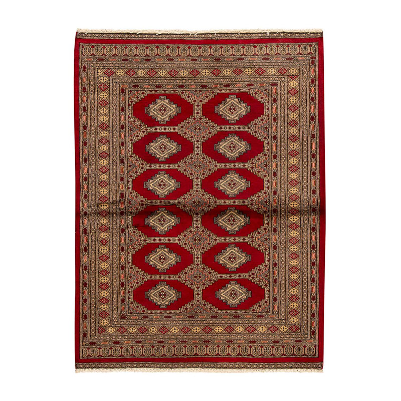 Tapis rouge en laine noué à la main de conception unique 4 pi 1 po x 5 pi 6 po