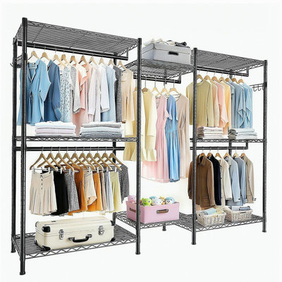 Heavy Duty Garment Rack, Freestanding Closet Organizer, Portable Wardrobe Clothes Rack, Adjustable Wire Shelving Clothes Rack with 8 Adjustable Wire S