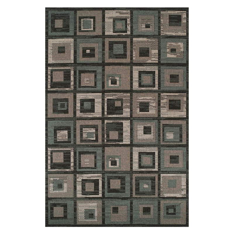 5' X 8' Colour Block Beige And Teal Checkered Stain Resistant Area Rug