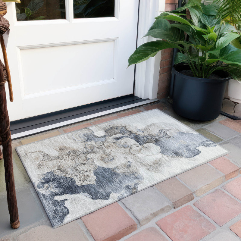 Machine Washable Indoor/Outdoor Xhevrie Ivory Rug, Rectangle 1'8" x 2'6"