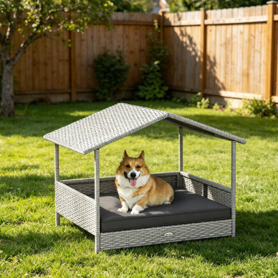 Pawhut Wicker Dog House Outdoor With Canopy, Rattan Dog Bed With Water-Resistant Cushion, For Small And Medium Dogs, Gray