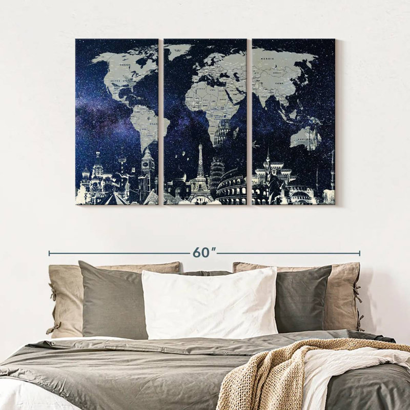 Carte du monde étoilé 3 pièces, H 50 po x l 32 po x P 1,25 po