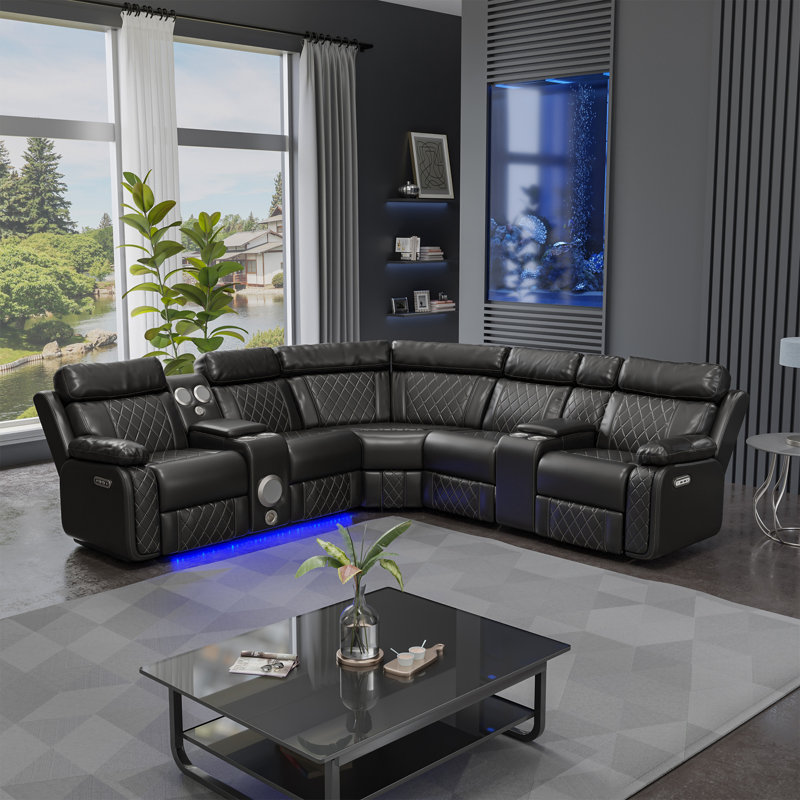 Power Recliner Sectional Couch with LED Light, Wide Air PU Leather Reclining Sectional Sofa with Bluetooth Speaker for Living Room