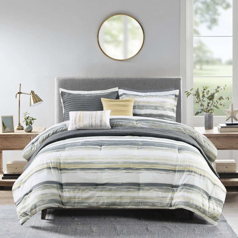 Très grand / très grand lit en jaune - 8 pièces Seersucker, pour un sommeil, coussins décoratifs brodés, Jaune