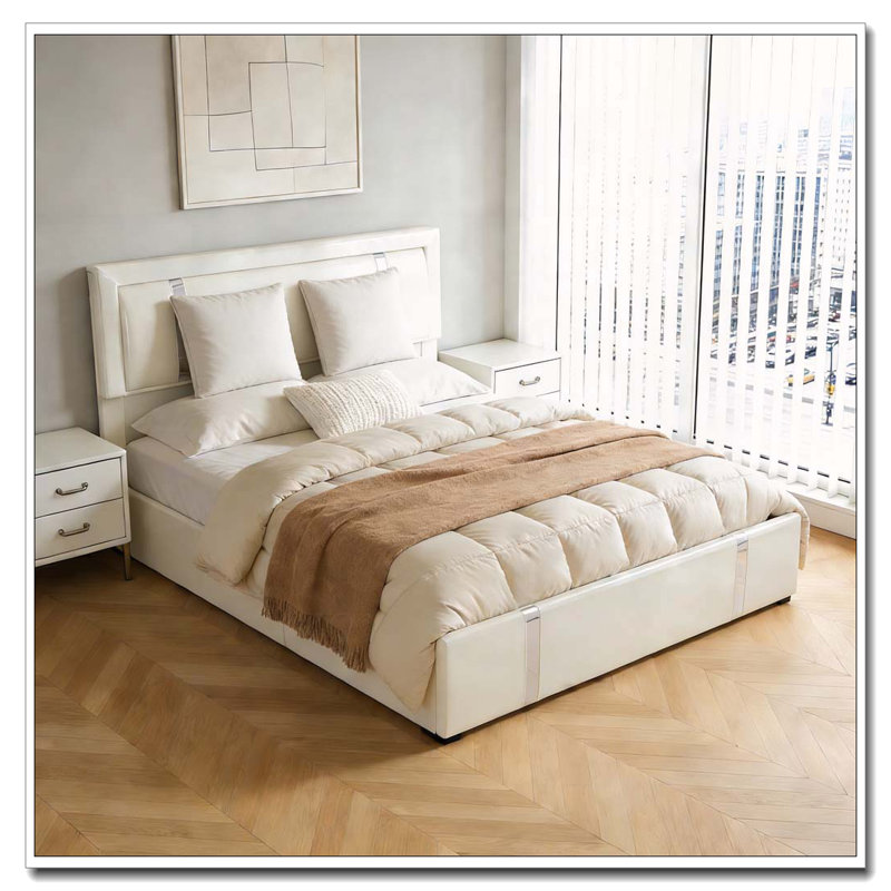 Bed Frame with Adjustable LED Lights Headboard, USB-C Charging Ports, Faux Leather Upholstered Platform Bed, Lit double