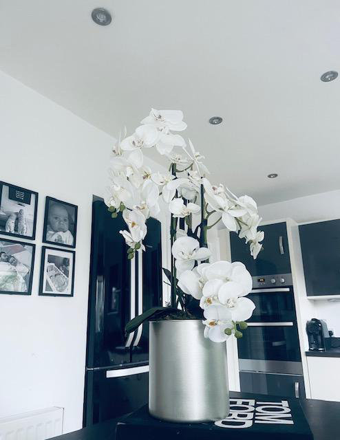 Faux Orchid Arrangement in Metallic Glass Vase