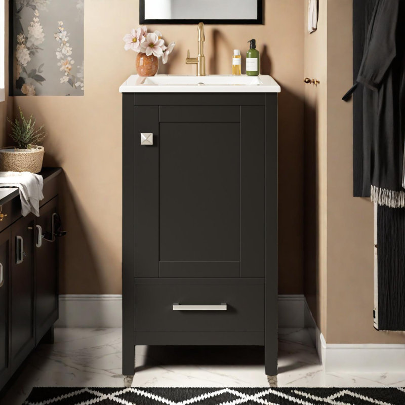 Meuble-lavabo moderne de 18 pouces avec lavabo en céramique et rangement compact, Noir