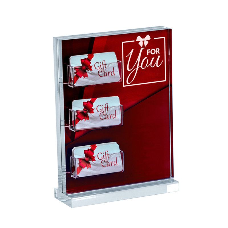 Porte-affiche vertical en acrylique sur base en acrylique l 8,5 po x H 11 po avec trois pochettes pour cartes-cadeaux