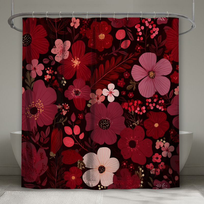 Rideau de douche floral - Boho bohémien, 73"H x 70"W, Motif floral rouge