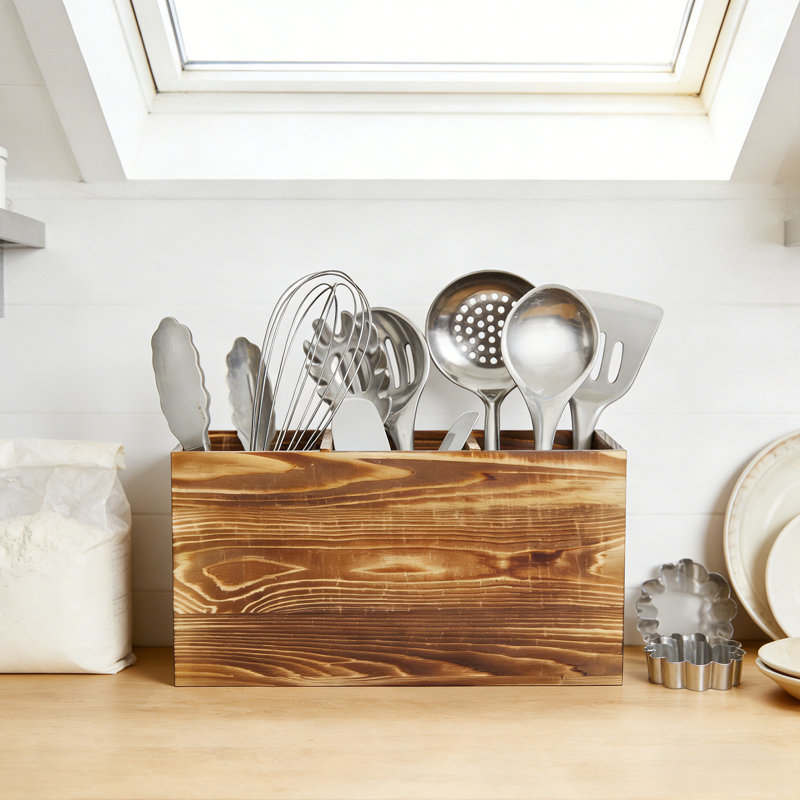 Porte-ustensiles de cuisine en bois Farmhouse, organisateur de comptoir à 3 compartiments avec poignée latérale, rangement pour les ustensiles de cuisine