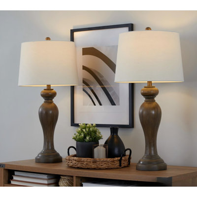31" Contemporary Polyresin Table Lamp, Opal Grey Finish with Off-White Linen Shade, Set of 2