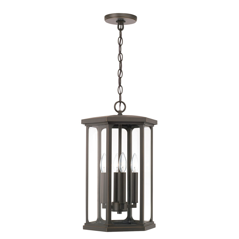 Lanterne suspendue d'extérieur 4 lumières l 12 po x H 20 po en bronze huilé avec verre transparent, Bronze huilé