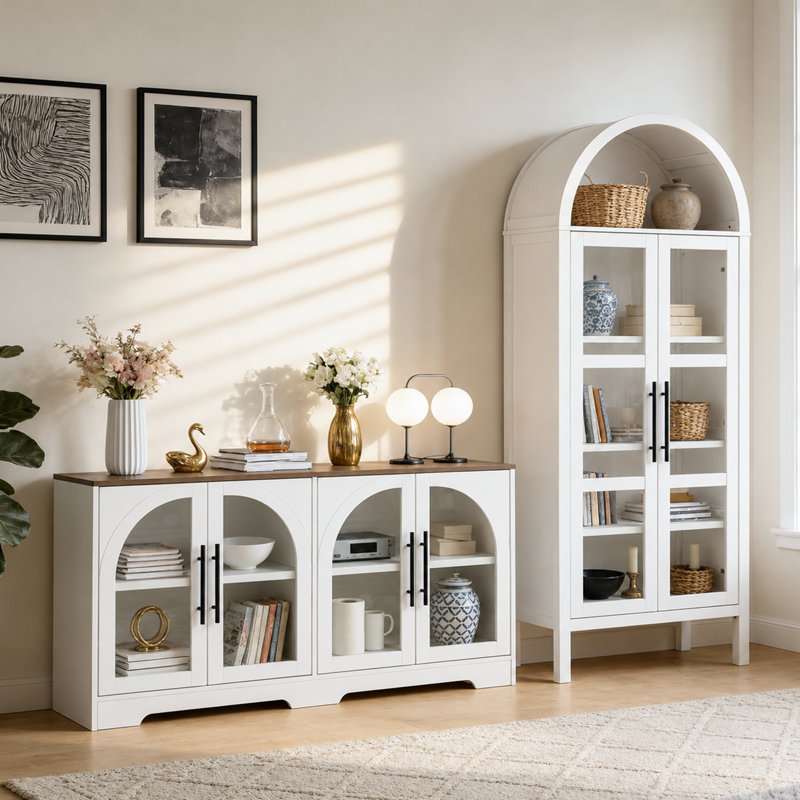 Buffet rustique 2 pièces et armoire arquée, armoire de cuisine en bois, avec rangement et tablettes réglables pour la salle à manger, le salon