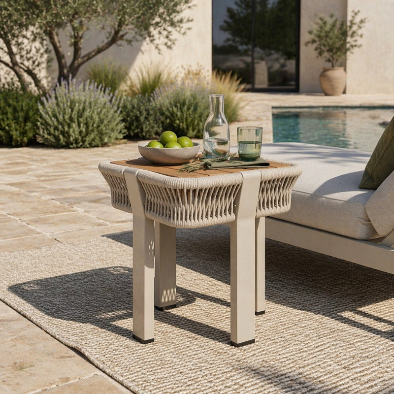 Table d'appoint en bois d'acacia, table de bout d'extérieur avec corde beige et structure en métal d'une capacité de 120 lb, table d'appoint carrée pour la cour, le balcon et le salon