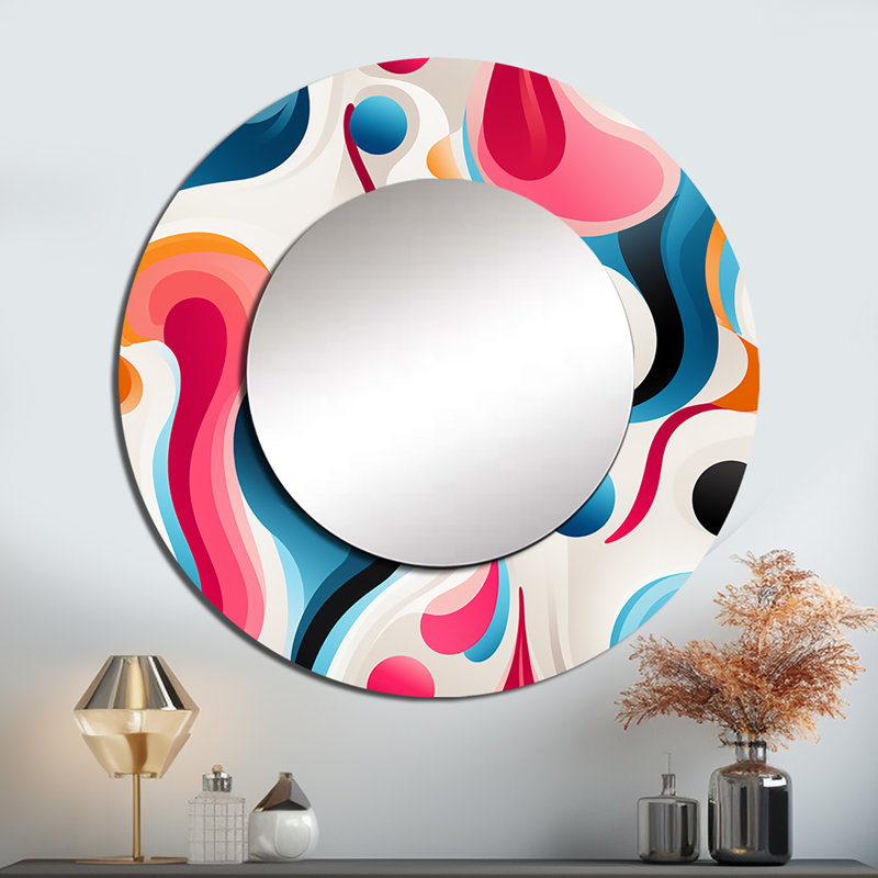 Motif tendance Popart rose et bleu - grand miroir mural géométrique, miroir décoratif rond moderne, impression d'art en métal