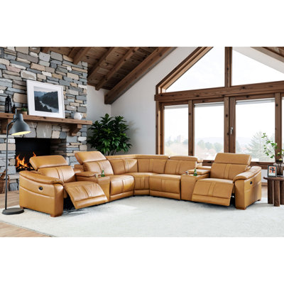 Canapé modulaire réglable en cuir avec sièges inclinables électriques et console de rangement - 5 sièges, similicuir gingembre, arrangement personnalisable, places assises