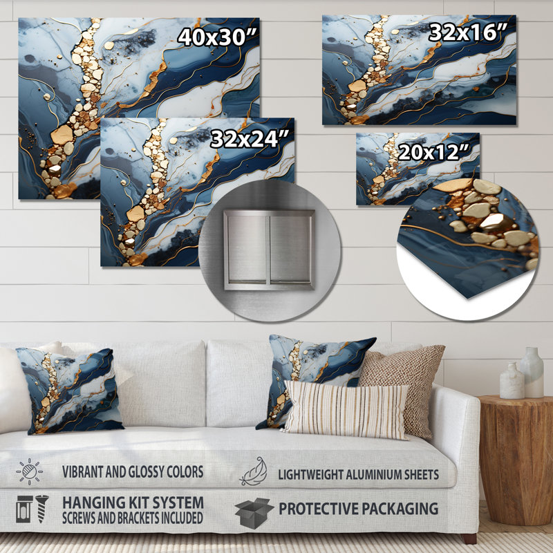 Blue And Gold Marble River II - Marble Wall Decor MT137113, 12" H x 20" W x 1" D