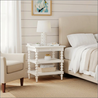 Aria Antique White Nightstand With Spool Turned Legs And Pull-Out Tray For Extra Storage