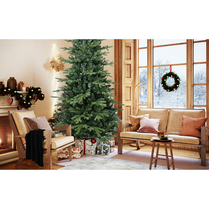 Arbre de Noël 7,5 pi en PVC + PE avec 2856 pointes - Arbre à charnières plein et luxuriant avec support en métal, assemblage facile, conception d'aiguille mixte réaliste