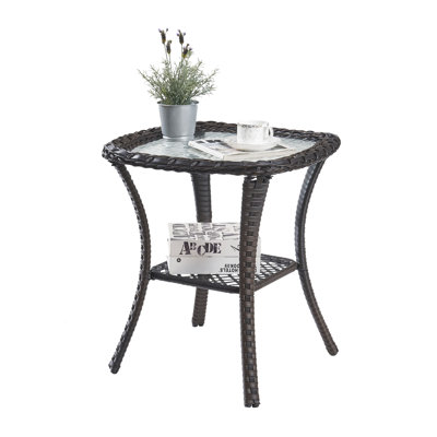 20 inch Patio Side Table, Outdoor Patio Wicker Square End Table Double Storage Layer, All-Weather Rattan Coffee Tables Porch Furniture for Backyard Poolside Garden