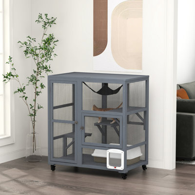 Enclos pour chat d'intérieur sur roulettes, en bois de 39 po, gris - multi-niveaux avec plateformes et porte à rabat pour 2 chats pesant jusqu'à 12 lb collectivement, roues en bois regroupées