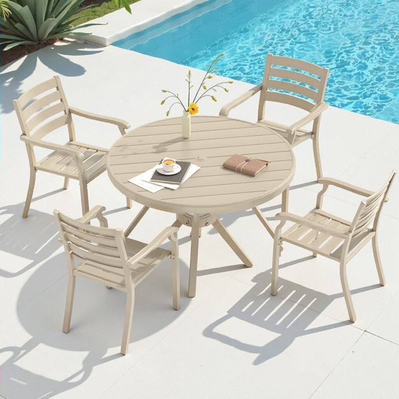 Ensemble repas d'extérieur 52,9 po avec ensemble de patio en métal empilable 7 pièces avec trou de parasol réglable?, 4