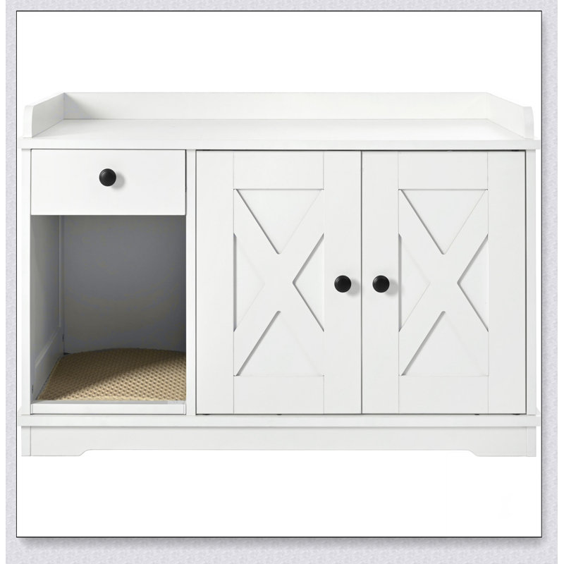 Enceinte de litière pour chat GO, meubles de litière cachés avec tapis de litière pour chat, table d'appoint pour chat avec tiroir, table d'appoint de style campagnard pour le salon, blanc