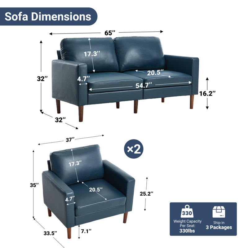 Modern 2 Accent Chairs And Loveseat Living Room Set, Mid-Century Upholstered Furniture, Blue Faux Leather