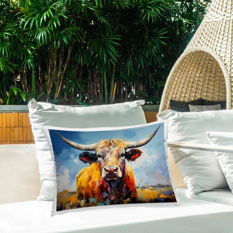Coussin d'extérieur imprimé Moody Longhorn Portrait par LSR Creative Studio, Bétail bleu, Rectangle H 14 po x l 20 po