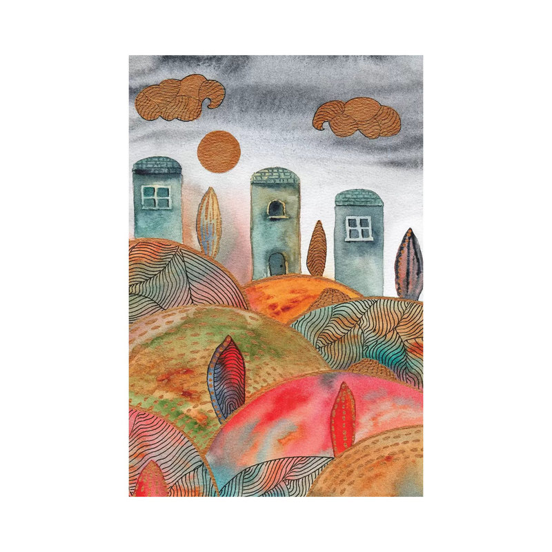 Aquarelle, paysage et dessin au trait II, H 40 po x l 26 po x P 1,5 po