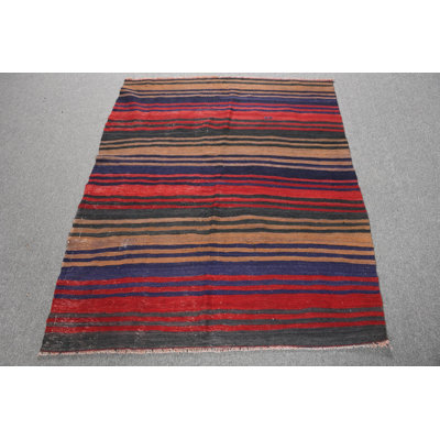 Handwoven Vintage Turkish Kilim Rug with Rustic Bohemian Stripes for Stylish Home Decor Accent