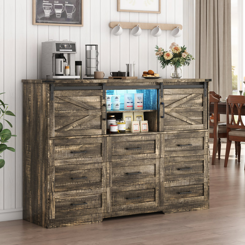 63" Farmhouse Dresser With Charging Station And Led Lights, Sliding Barn Door Storage Cabinet With 9 Drawers, Gray