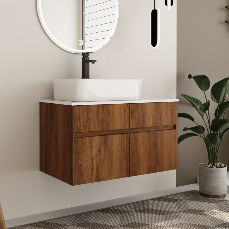Ensemble de meuble-lavabo mural simple 32 po avec plateau en céramique Zephric, Square, Brun ébène