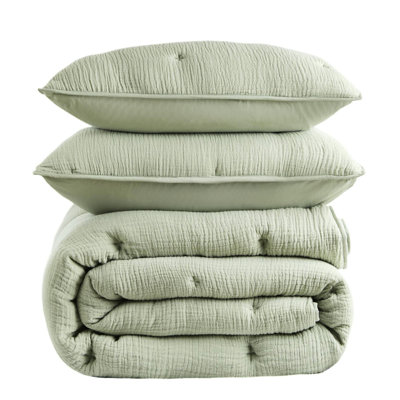 King Size 3 Cotton Quilt In Sage, Soft With Crinkled Texture, Breathable For Year-Round Use, Embroidered Design And Standard 100 Sage Gauze , Lightweight Comfortable , All Season Comfort, Tacking