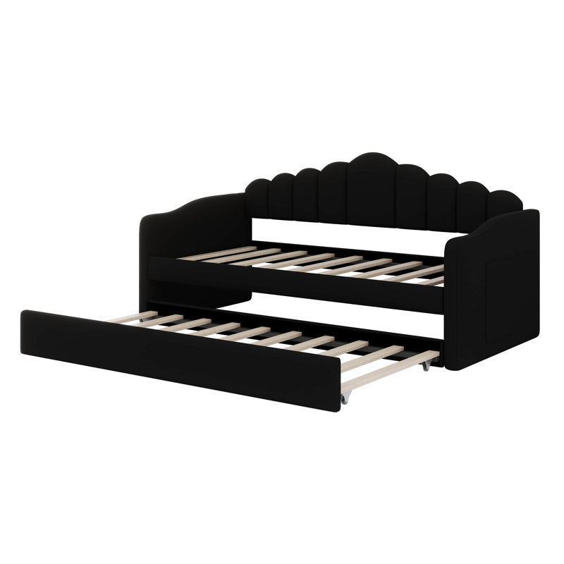 Lit de jour avec lit gigogne simple, cadre rembourré avec canapé-lit, ports de chargement USB, Noir