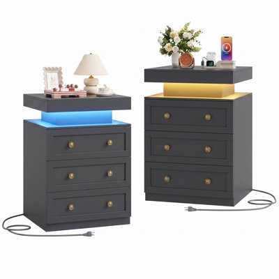 Avenir Convertible 2-in-1 Dresser Set, 2 Nightstands with 3 Drawers Each, LED End Tables with Charging Station and Music Sync Lights